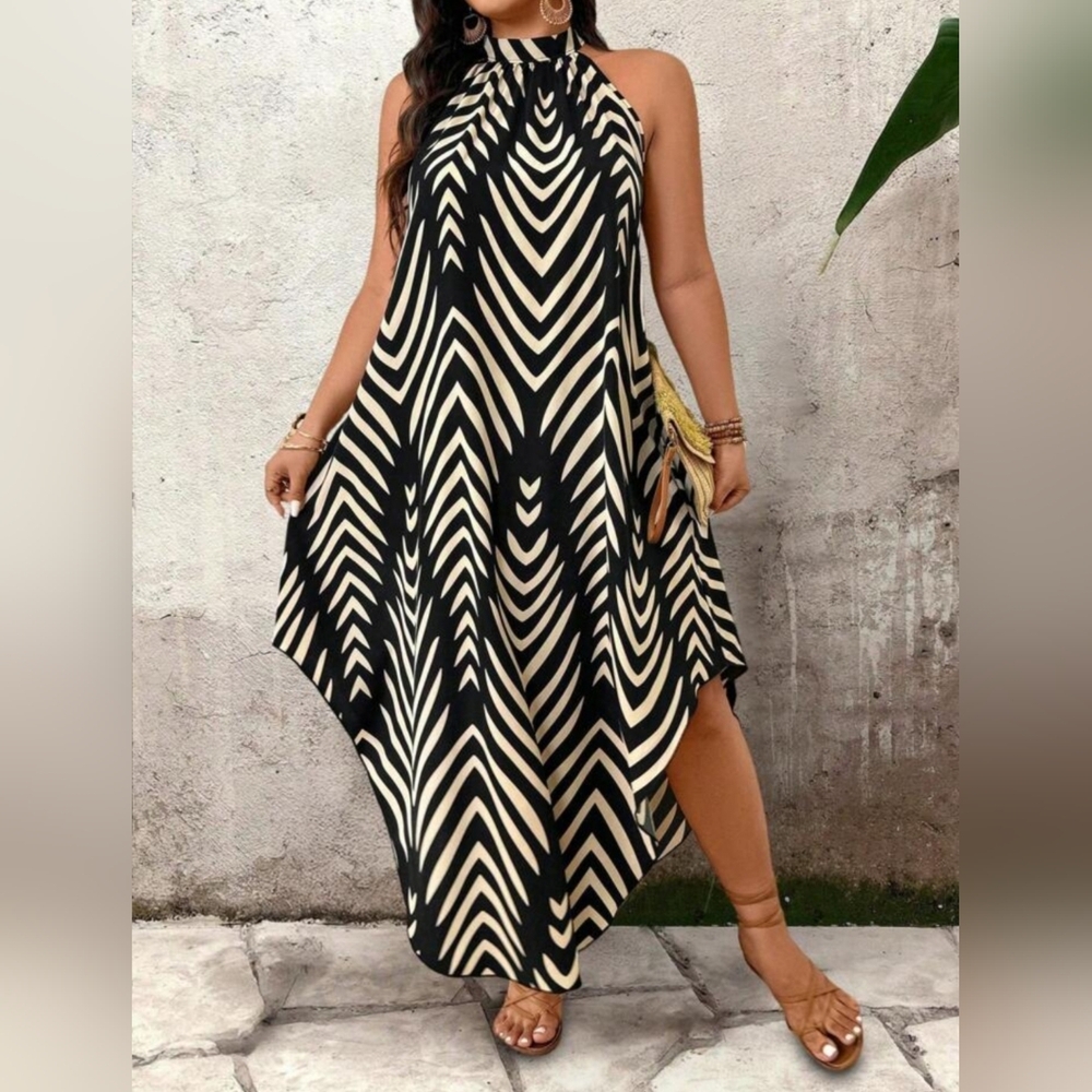EMERY ROSE Plus Size Summer Zipper Neck Sleeveless Striped Dress
